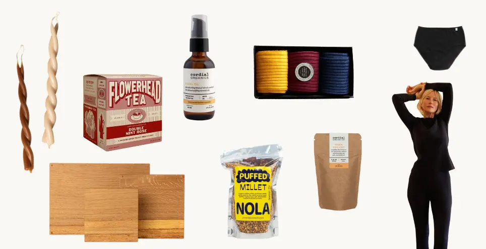 images of gifts including twisted candles, wood cutting boards, tea, granola, merino wool socks, waffle sets, organic underwear.